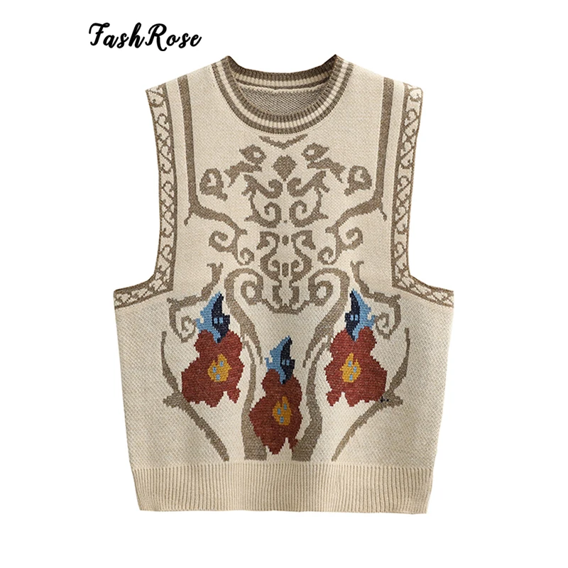 

FASHROSE Vintage Y2K Aesthetic Grunge Sweater Vest Renaissance Pattern Knitting Slim Goblincore Women Pullovers Streetwear Cloth