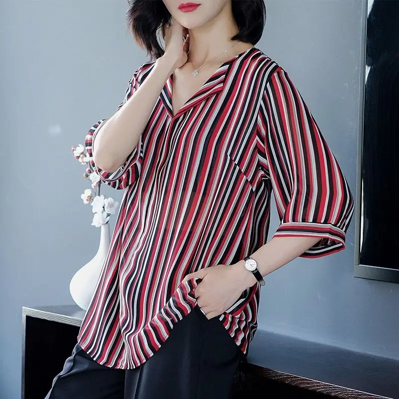 

2021 Summer Fashion Women's Striped Chiffon Blouse Shirt 3/4 Sleeve Women Shirts Office Work Wear Womens Tops and Blouses Y46