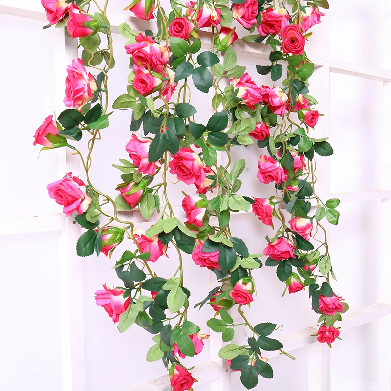 

180cm Artificial Roses Flowers Rattan Silk String Vines Wall Hanging Flower With Green Leaves For Home Garden Wedding Decor