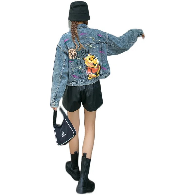 

Женская джинсовая куртка с принтом, свободная повседневная куртка в уличном стиле с бисером, весна56, весна-осень 2021