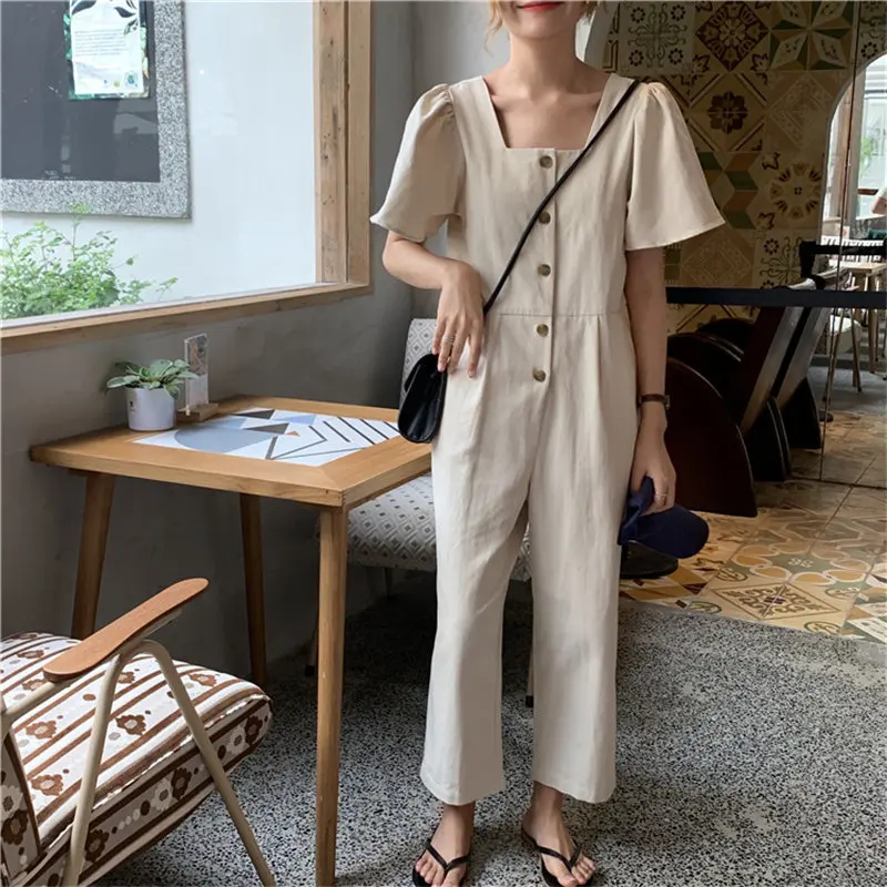 

Solid Loose Vintage Short Sleeves Fashion Casual Women Jumpsuit Square Collar High Quality Pants Jumpsuits Overalls