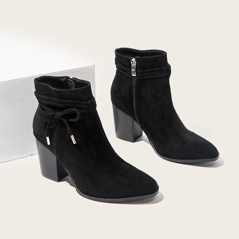 

New Autumn Winter Fashion Pointed Suede Side Zipper Thick Heel Short Boots Mid-heel Ankle Boot Plus Size Women