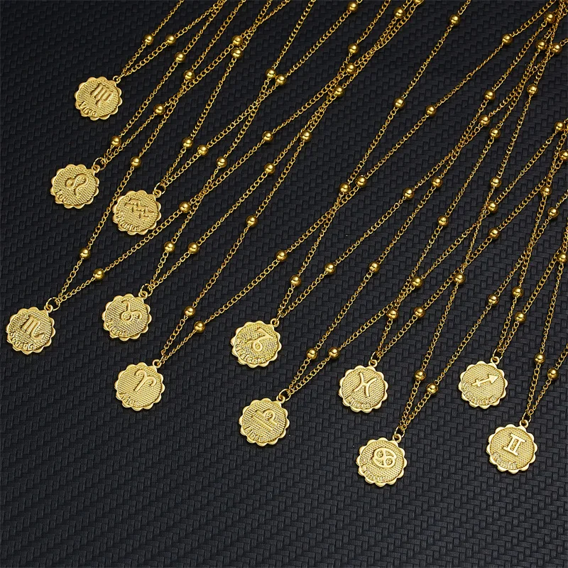 

Fashion OL Coin Type Card Necklaces Jewelry Simple 12 Constellation Gold Color Metal Necklace For Woman Lucky Pendant Gifts