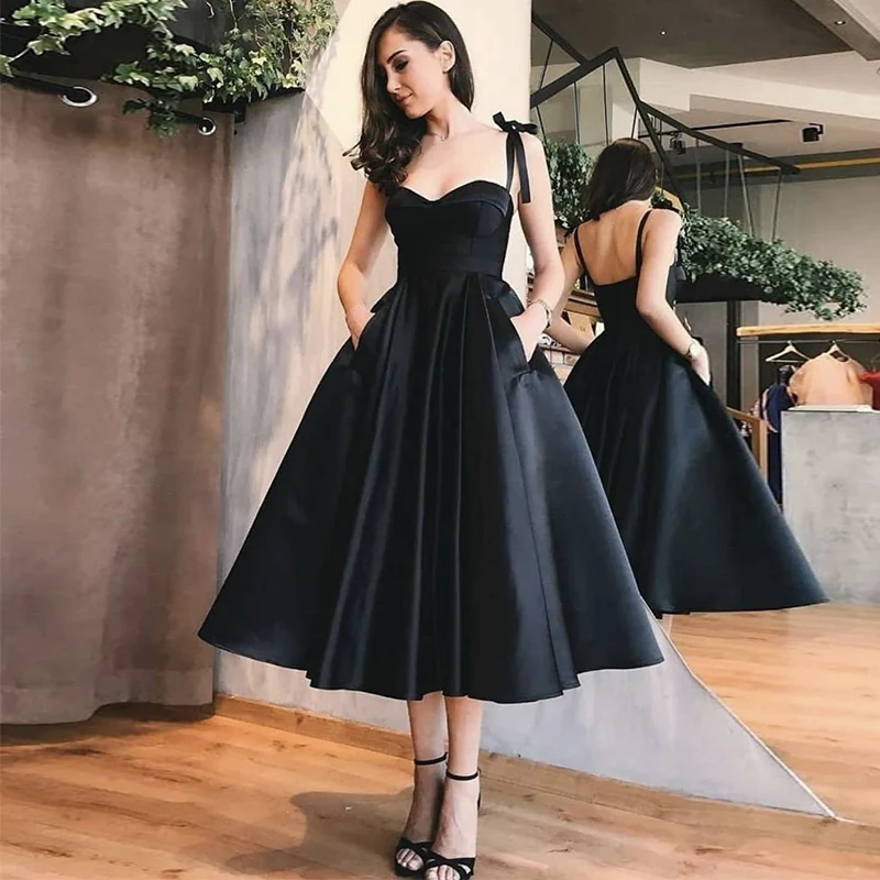 

Tea-Length A-line Evening Dress Sweetheart Spaghetti Straps Sleeveless Backless Satin Formal Party Prom Gown Pockets