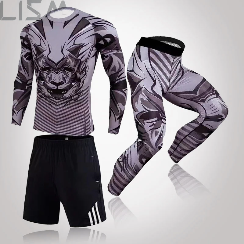 

New Sportswear Men's Sportswear Gym Fitness Compression Suits Running Jogging Sportswear Workout Rashguard Tight 3-Piece Set