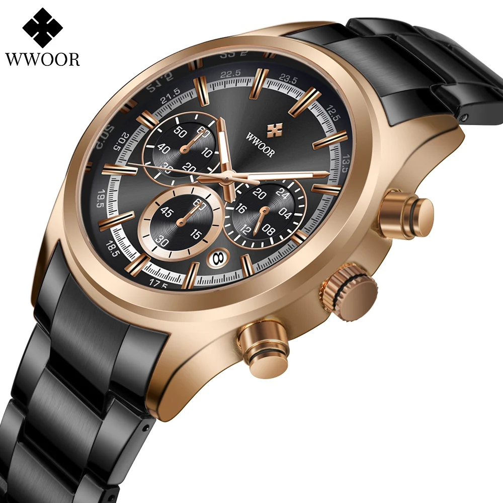 

New Men's Watches WWOOR Casual Chronograph Stainless Steel Band Wristwatch Quartz Clock with Luminous Pointers Relogio Masculino