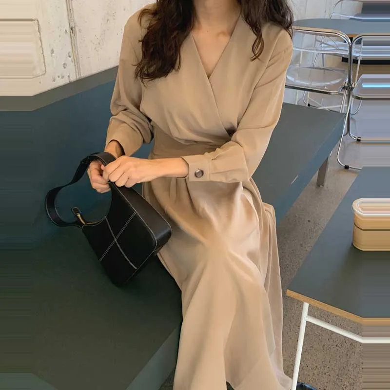Nuevo 2021 mujeres primavera otoño camisa vestido coreano de una sola pieza, moda Vestido de manga larga francés elegante vestido de oficina vestido Midi