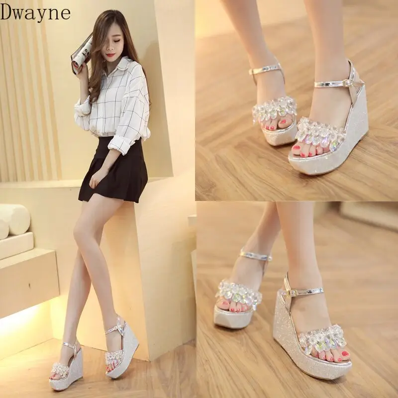 

2019 summer fashion magic color crystal transparent wedge heel platform thick platform slippers women
