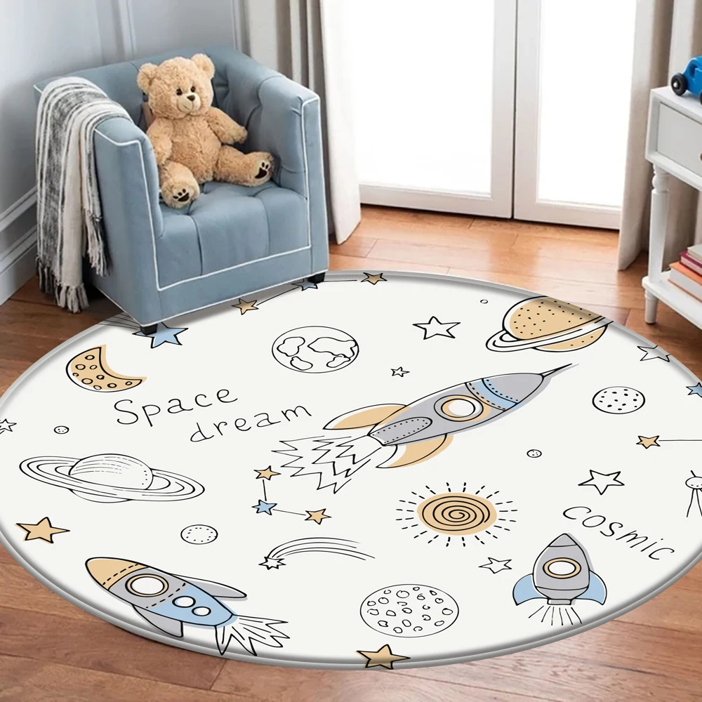 

2021 Cute Interest Rocket Space Pattern Children Flannel Pink Carpet Baby Hand Print Carpet Baby Play Mat Round Children Carpet