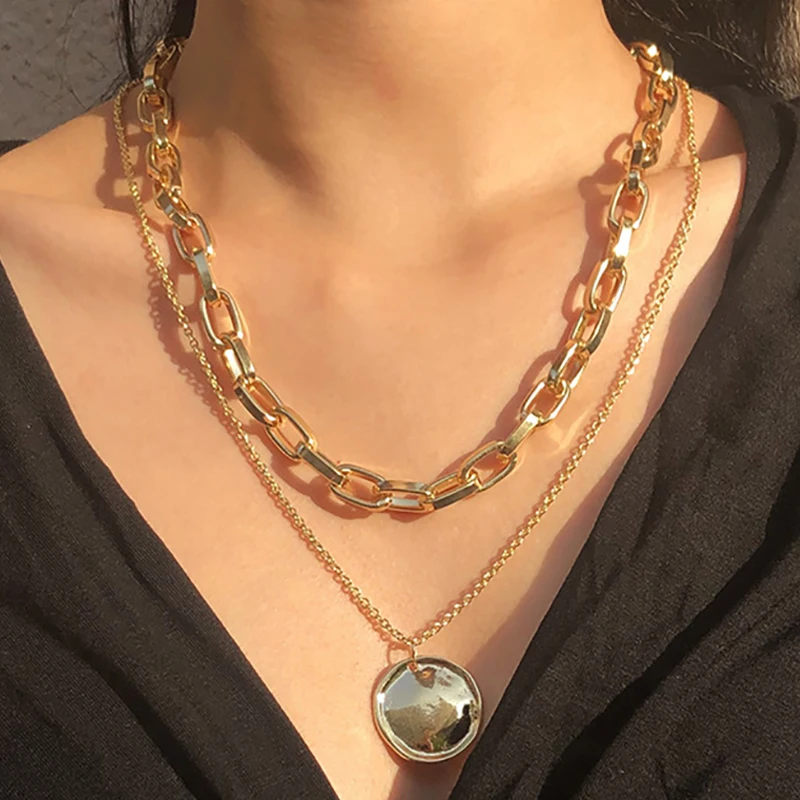 

Punk Vintage Layered Coin Pendant Necklace Men Chunky Thick Cuban Link Chains Choker Necklaces For Women Jewlery