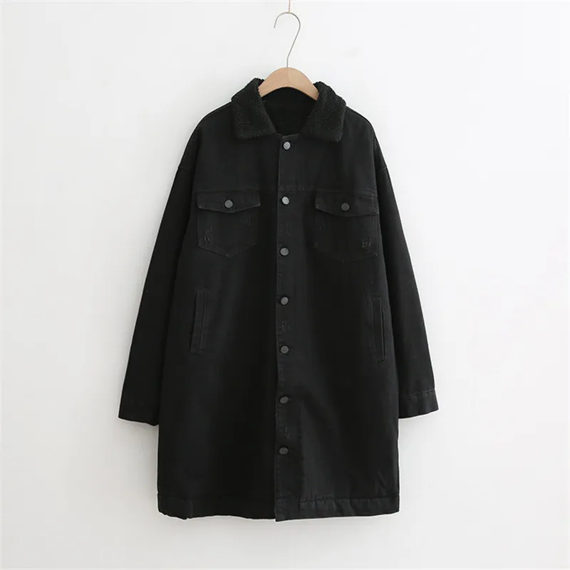 Осенне-зимняя черная джинсовая куртка с подкладкой из овечьей шерсти женское