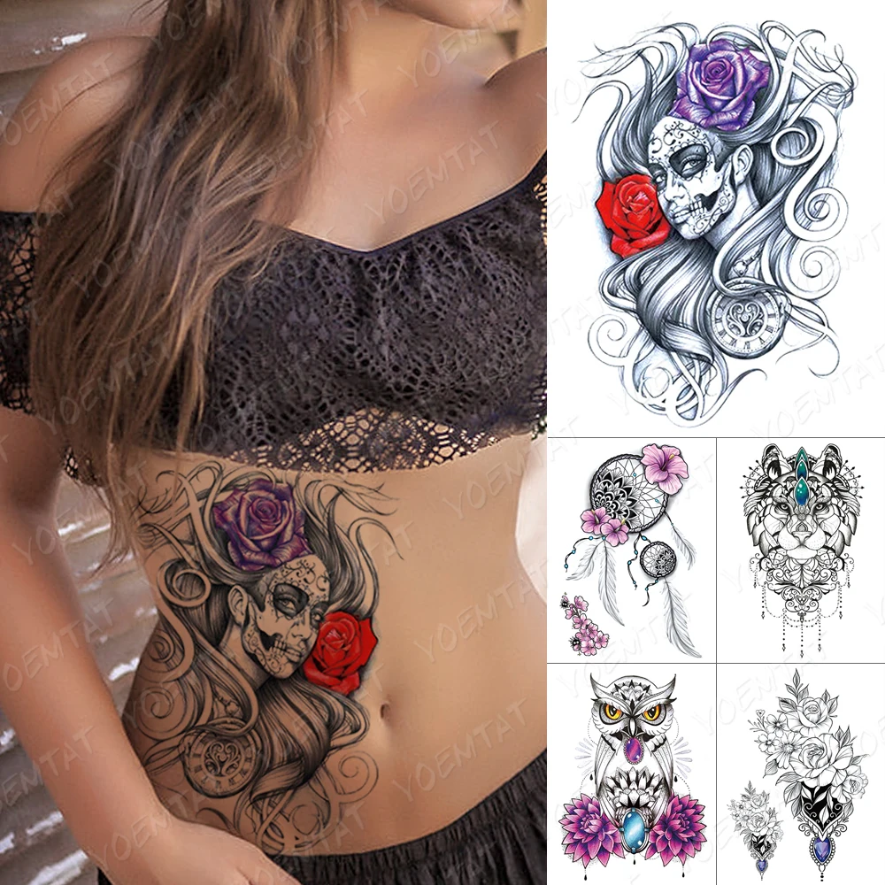 

Waterproof Temporary Tattoo Sticker Clock Rose Catrina Day of The Dead Flash Tattoos Owl Beauty Body Art Arm Fake Tatoo Women