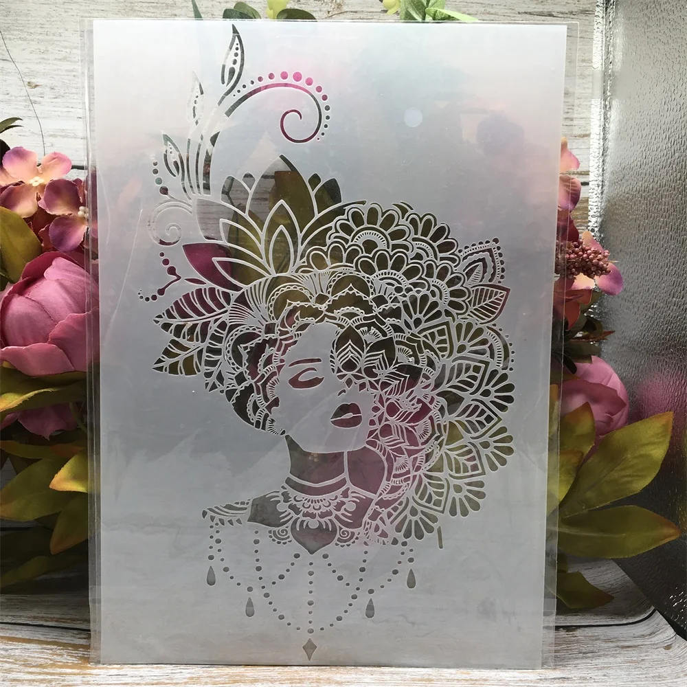 

A4 29cm Mandala Flower Hair Girl DIY Layering Stencils Wall Painting Scrapbook Coloring Embossing Album Decorative Template