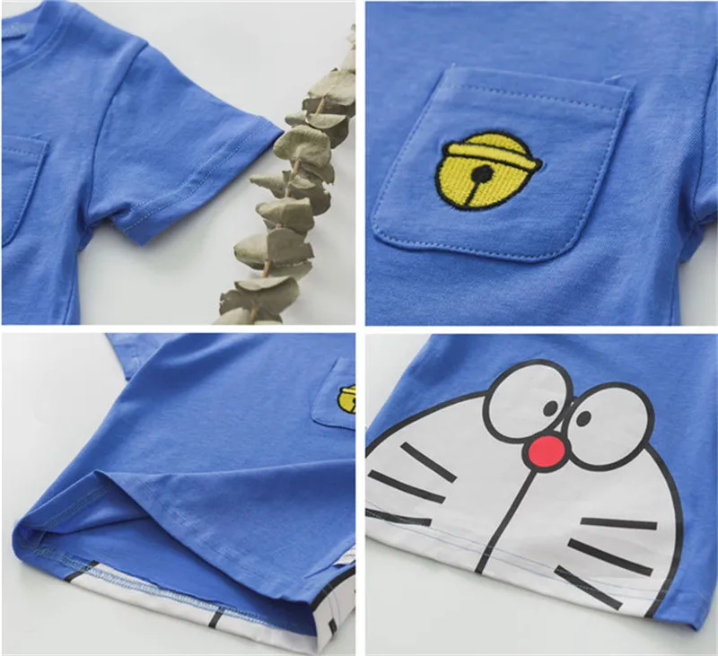 KIKIKIDS/Летняя футболка с героями мультфильмов для малышей Топы с короткими рукавами для маленьких мальчиков и девочек, Doraemon, Детская летняя одежда в Корейском стиле футболки с героями мультфильмов