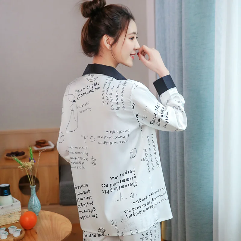 

Spring New Women Pajamas Set Sleepwear Satin 2PCS Sleep Suit Faux Silk Pyjamas Nightwear Print Loungewear Shirt&Pants Homewear