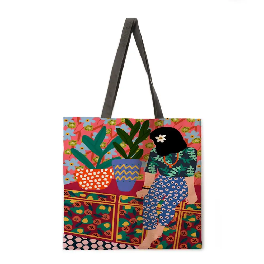 

Beautiful girl painted traditional linen shopping bag reusable handbag women's shoulder cloth bag foldable linen bag beach tote