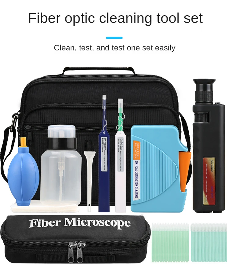 

Fiber End Cleaning Tool Kit Package 12set Optical Fiber Clean Pen Cleaning Box Fiber Optic Magnifier 400