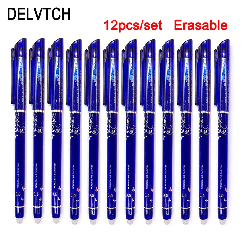 12pcs blue Delvitch, 12 шт./набор, стираемая ручка, чернила, 0,5 мм, гелевая ручка, 4 цвета, доступны для детей, подарок для офиса, студента, написание, живопись, канцелярские принадлежности - Цвет: 12pcs blue
