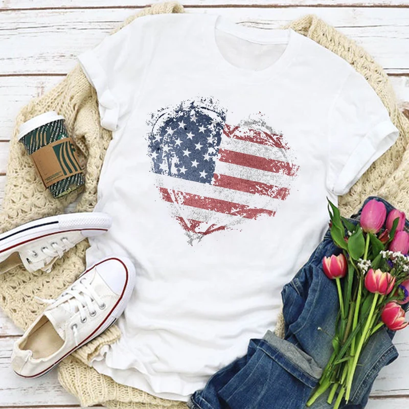 

Women Graphic USA Flag American Patriotic Heart Love Summer T-Shirt Tops Lady Womens Clothing Clothes Tee Female T Shirt