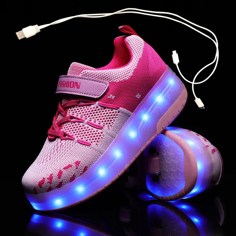 

Children Two Wheels Luminous Glowing Sneakers Black Blue Led Light Roller Skate Shoes Kids Led Shoes Boys Girls USB Charging