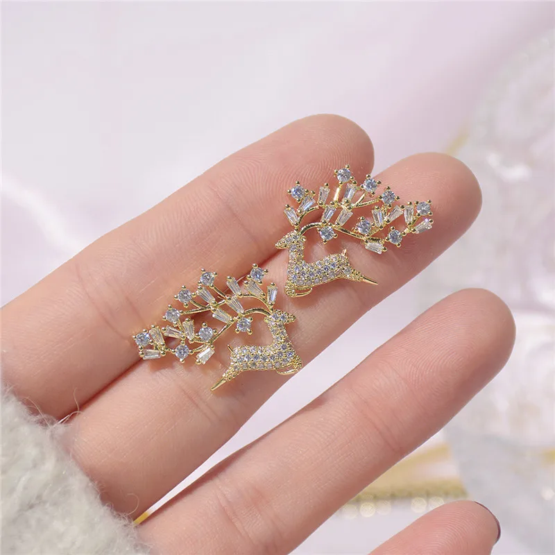 

Luxury 14K Real Gold Temperament Elk Stud Earrings for Women Cubic Zircon ZC Earrings