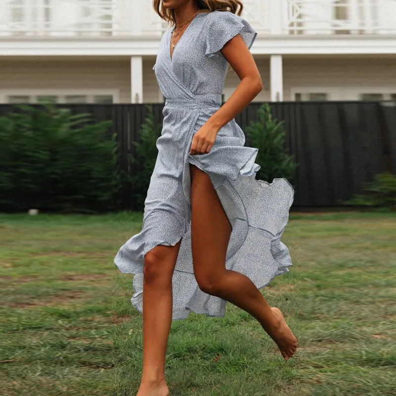 

New Summer Beach Dress Women Floral Long Chiffon Bohemian Dress Short Sleeve Boho Style Maxi Dress Ruffles Sundress Vestidos