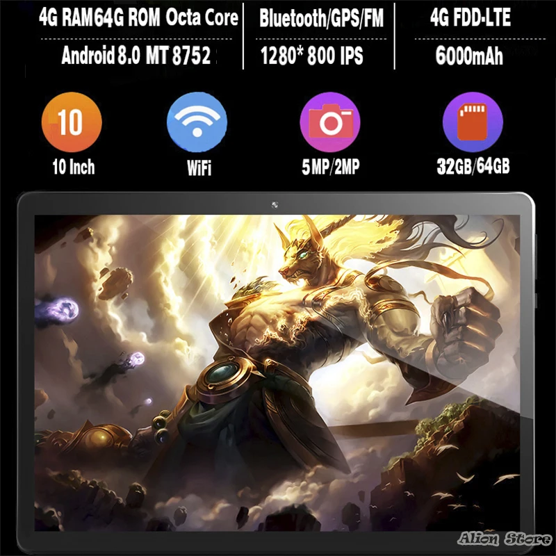 Новинка, 10 дюймов, планшет, PC, 4G, FDD, LTE, Octa Core, 4 Гб Оперативная память 64 Гб Встроенная память супер закаленное 2.5D Стекло Android 8,0 1280*800 ips 10,1 планшет