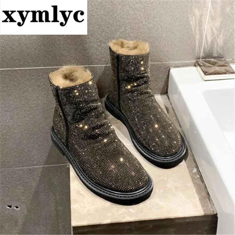 

Winter Female Australian Style Ankle Boot Silver Snow Boots Rhinestones Crystal Shiny Flash Bling Women Girl Fur Martin Boots