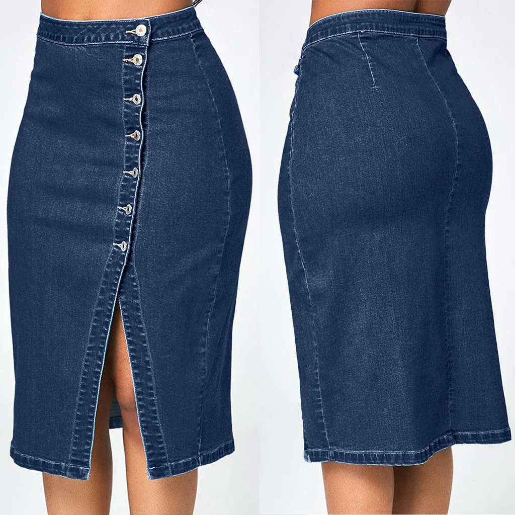 

Ladies Fashion Hot Sale Large Size Denim Skirt Solid Color High Waist Buttoned Blue Denim Skinny Casual Skirt 40*