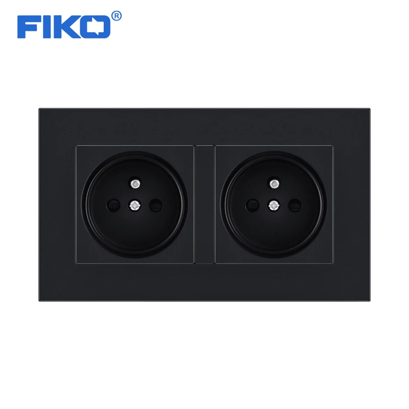 FIKO   Black PC panel EU France Double wall socket 16A 220V Gray 146mm*86mm for family hotel decoration power socke