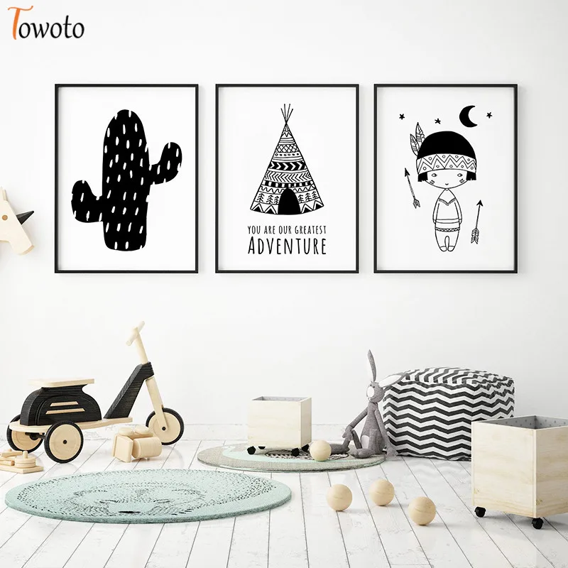 Cartoon Canvas Painting Cactus Poster Nursery Art Prints Monochrome Wall Kids Room Decorative Pictures Tribal Decor | Дом и сад