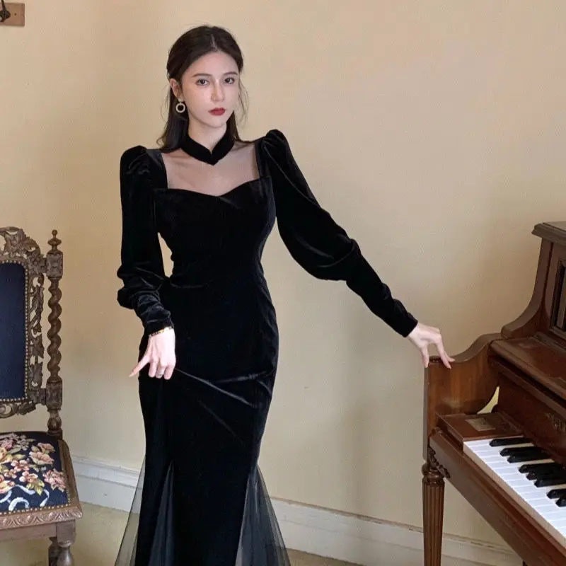 

Mesh stitching velvet black dress spring long-sleeved temperament waist mid-length package hip fishtail skirt female trend
