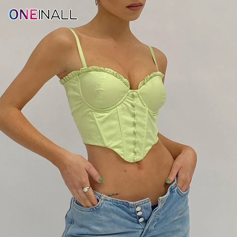 

ONEINALL Patchwork Sexy Vests For Women V Neck Sleeveless Slimming Irregular Hem Minimalist Camis Female Summer 2021 New Clothes