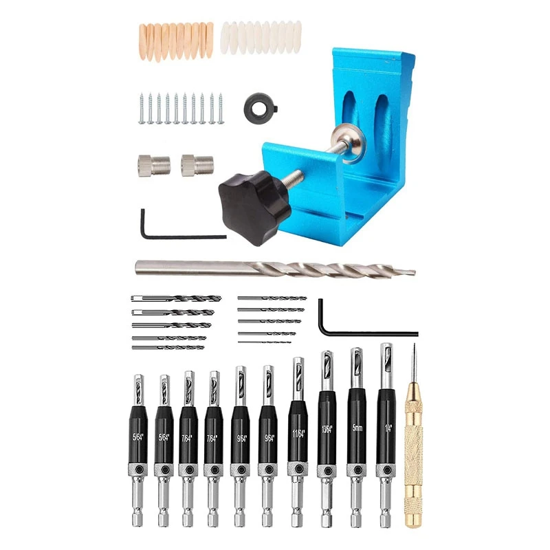 

46 Pcs Pocket Hole Jig Kit, Woodworking Inclined Hole Positioner With 22 Pcs Self-Centering Hinge Drill Bit Set
