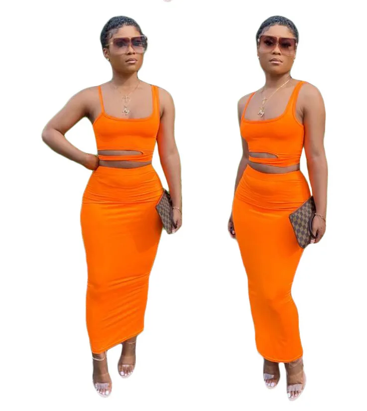 

Two-piece solid color hollow casual home-style skirt suit