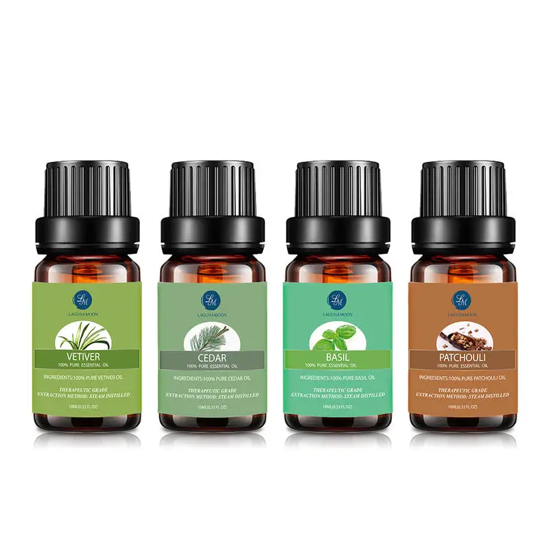 

Lagunamoon 10ML 4Pcs Natural Pure Essential Oil Set Aromatherapy Humidifier Vetiver Cedarwood Basil Patchouli Ship From US