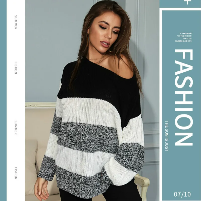 

Knitwear black and white striped stitching loose lazy wind sweater new style Casual loose round neck long sweater