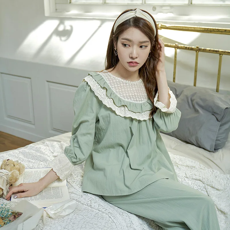 

Sweet Cotton Light Green Women's Pajamas Sets Long Cotton Spring Autumn Girls Night Suits Lovely Loose Nighty