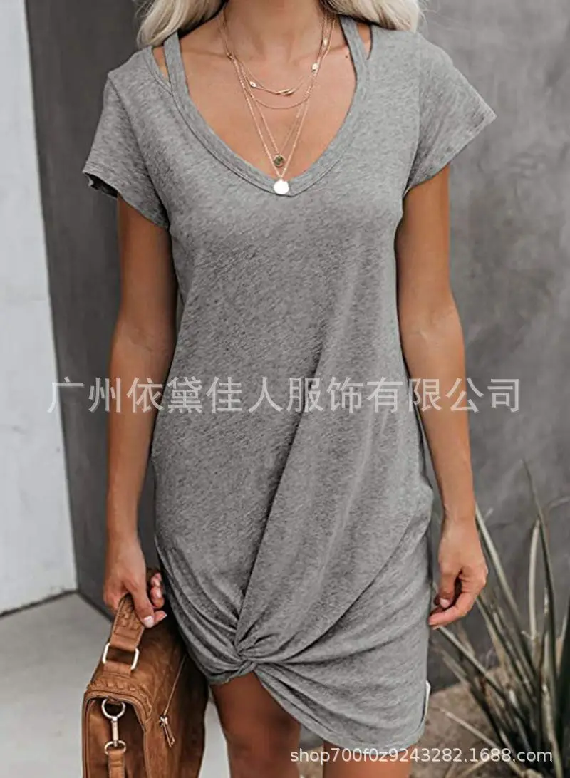 

2021 European and American foreign trade cross border New Amazon popular shoulder belt V-neck short sleeve knotted T-shirt dress