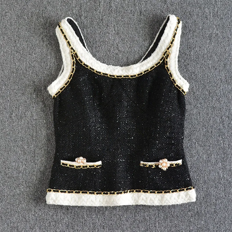 

New fashion style slim contrast suspender Top + straight versatile shorts suit two piece set