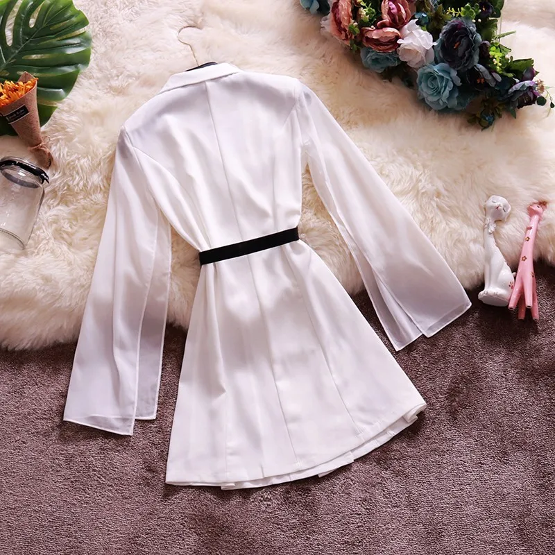 2020 лето новый OL темперамент костюм воротник шить шифон талии все-сплошной цвет