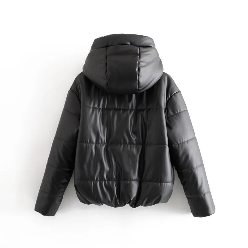 Enlarge Women Hooded Thicken Warm Jacket Long Sleeve Zipper Parkas Coat Lady Outerwear Veste Femme Winter Fashion PU Leather Black Coat