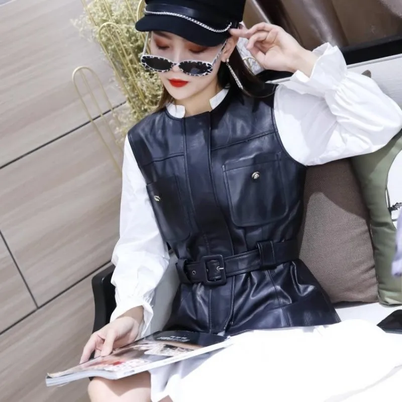 

Women Sashes Black Office Vest Spring New Slim O-Neck Real Leather Sleeveless Jacket Streetwear Short Waistcoat Female M-3XL