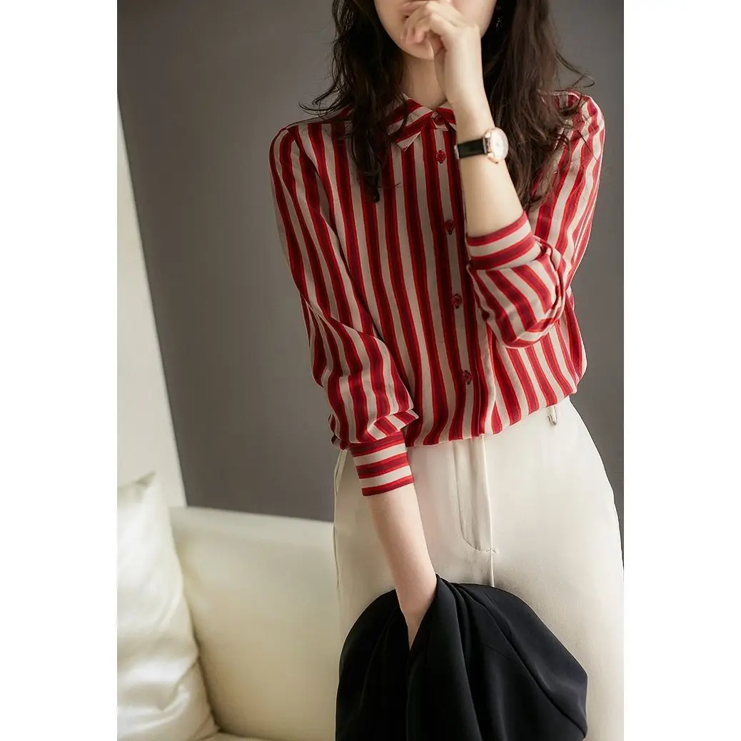 

Classic vertical stripes slim long sleeve ladies shirt autumn new shirt top women