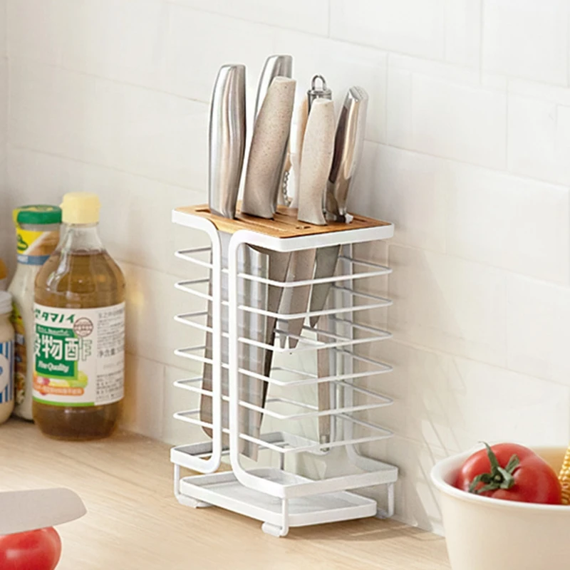 

634E Kitchen Knife Holder with Drain Tray Wrought Iron Storage Rack Organizer Tools