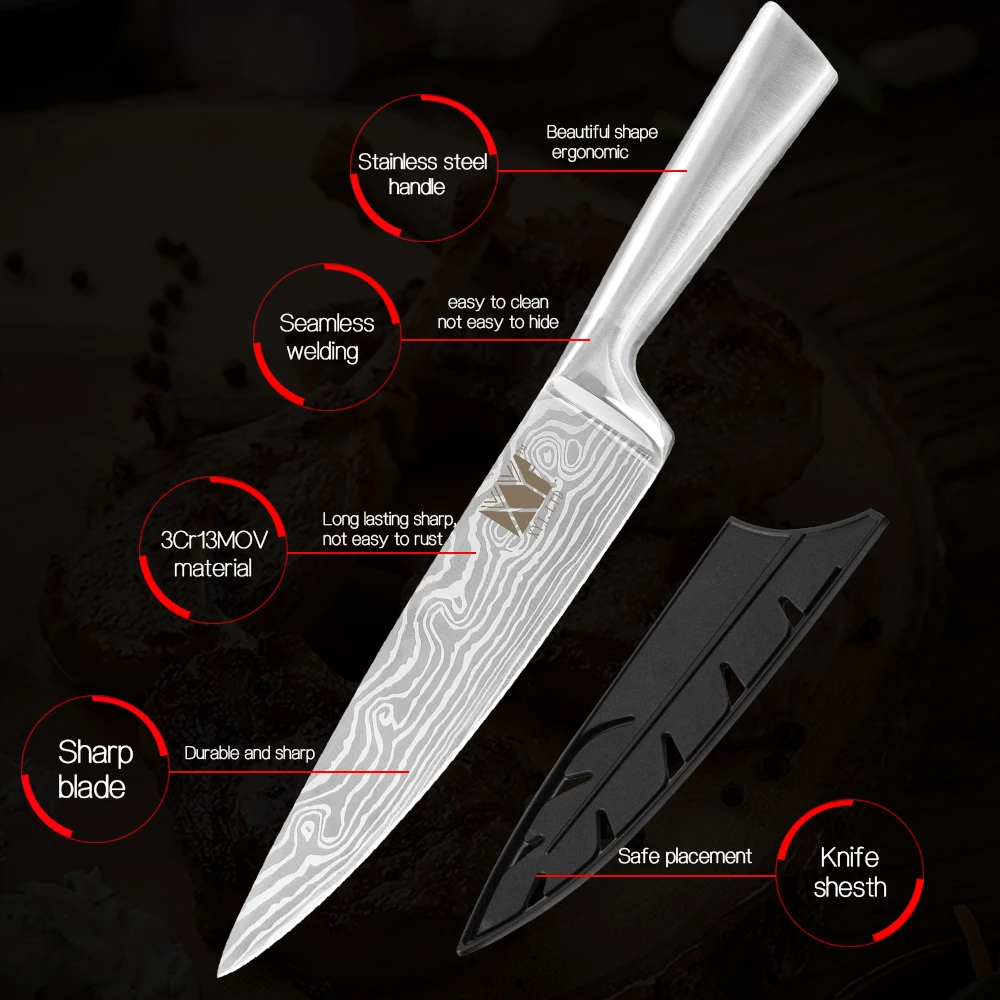 XYj 6 шт. набор кухонных ножей из нержавеющей стали дамасский узор лезвие магнитный