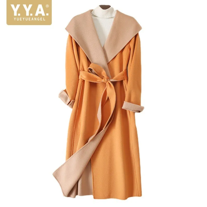 

Office Ladies Wool Coat Fashion Autumn Winter Belt Cardigan Long Coat Solid Color Turn-Down Collar High Quality Women Outerwear