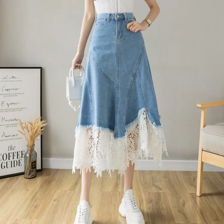 

2021 Summer New Women's Skirt Streetwear Fashion Lace Patchwork Hight Waist Slim A Line Long Denim Skirt