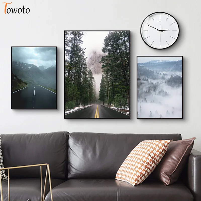 Туманный пейзаж горный зеленый лес печать скандинавский постер Картина на