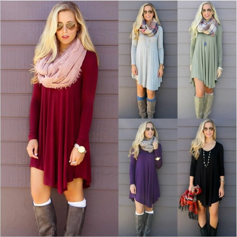 

Women Long Sleeve Sweater Dress Women's Irregular Hem Casual Autumn Winter Women O-neck A Line Short Mini Knitted Dresses
